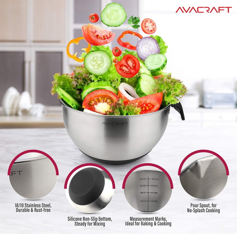 AVACRAFT 18/10 Stainless Steel Mixing Bowls with Lids, non slip silicone base bowls with Handle, Mixing Bowl Set with Pour Spouts & Measurement Marks, Home Essentials Cooking Bowls, (Black) - Image 5